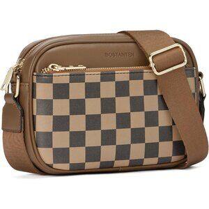 Women Checkered Coffee Imported Vegan Leather Quilted Shoulder Crossbody Handbag